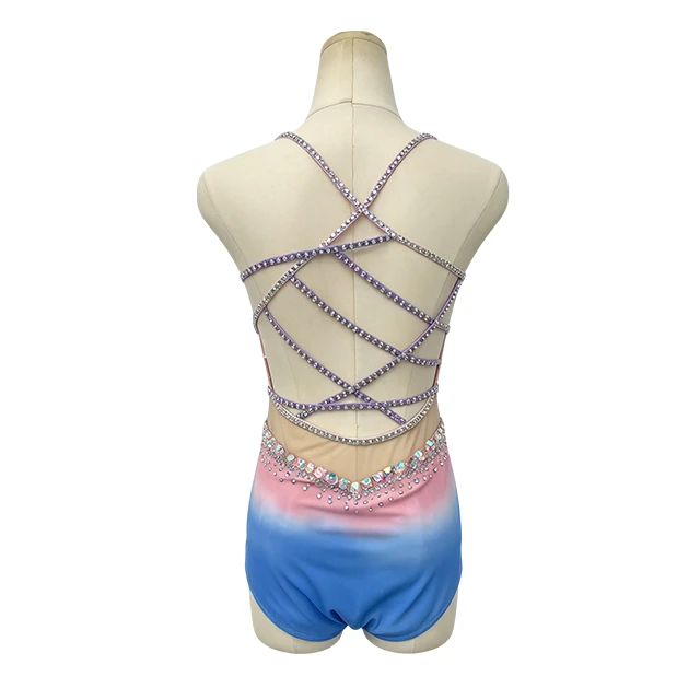 Pink Blue Color-block Design Rhinestone Backless Lyrical Dance Costume|G129