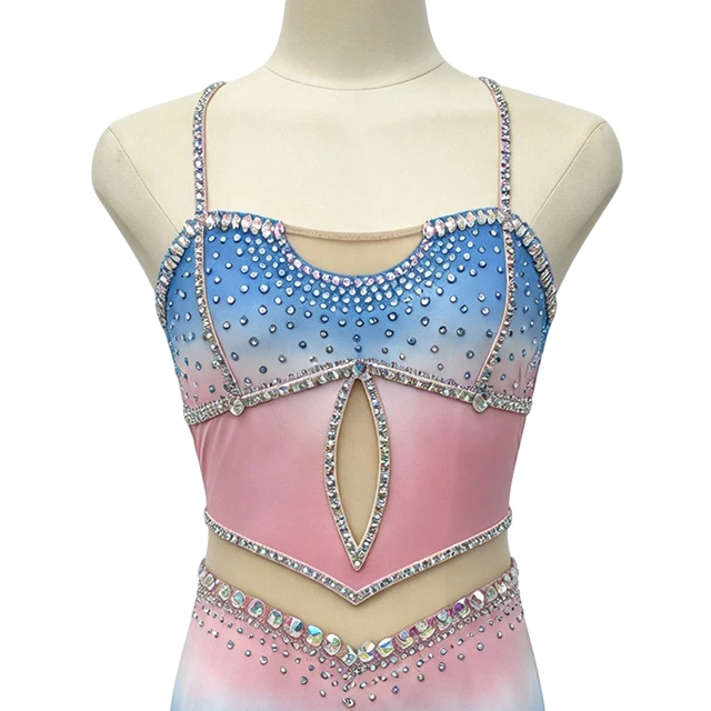 Pink Blue Color-block Design Rhinestone Backless Lyrical Dance Costume|G129
