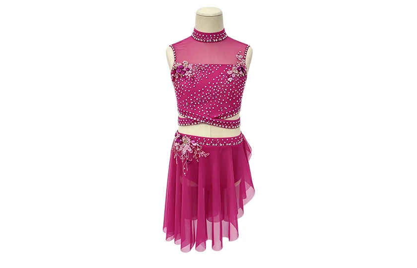 Rose Pink 2 pcs Seperate Rhinestone Lyrical Performance Costume|G127