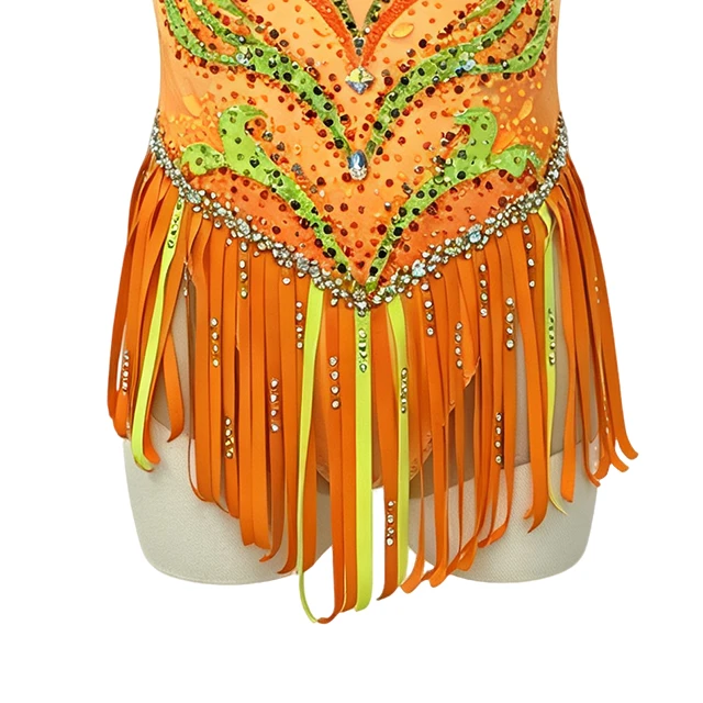 Yellow Rhinestone Flower Decoration Fluffy Skirt Hem Gymnastics Costume|G124