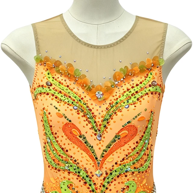 Yellow Rhinestone Flower Decoration Fluffy Skirt Hem Gymnastics Costume|G124