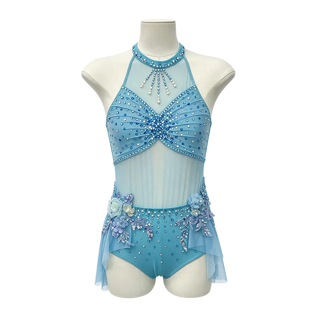 Blue Halter-neck Rhinestone 3D Flower Skirt Lyrical Stage Costume|G130