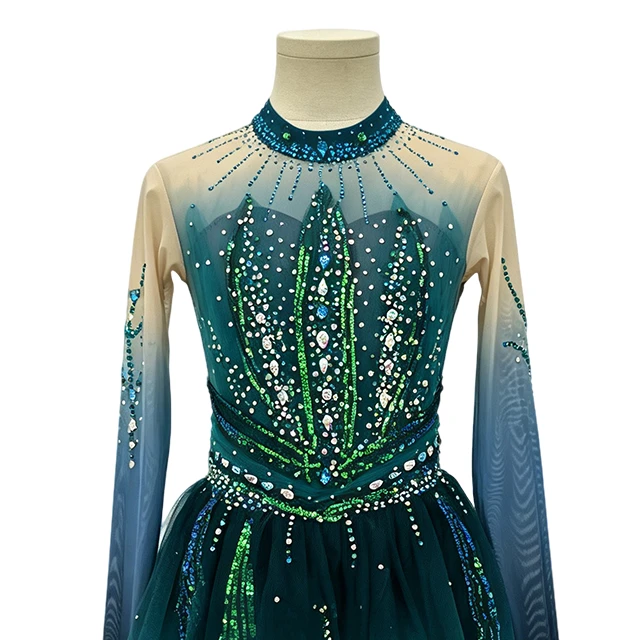 Green Long-sleeves Rhinestone Gymnastics Performance Costume|G122