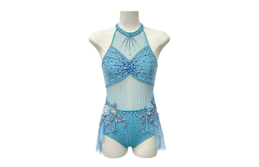 Blue Halter-neck Rhinestone 3D Flower Skirt Lyrical Stage Costume|G130
