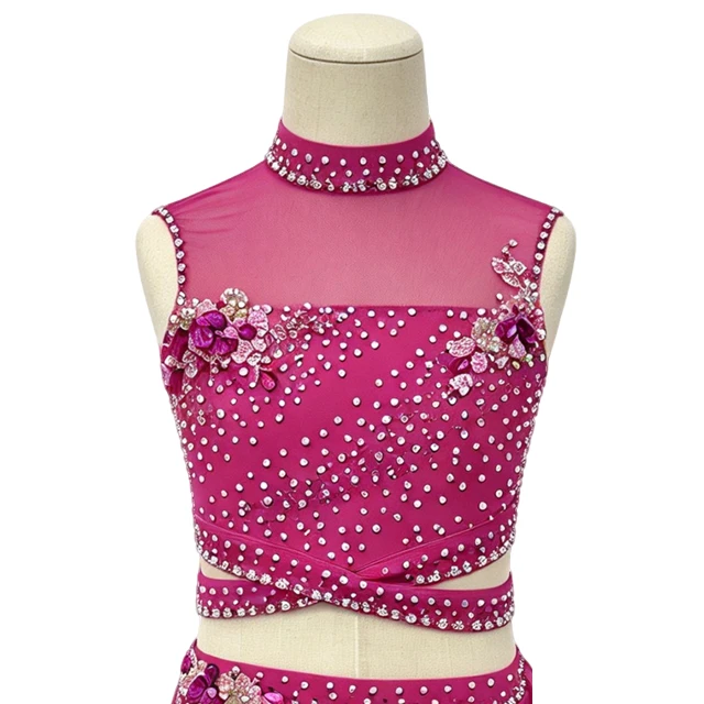 Rose Pink 2 pcs Seperate Rhinestone Lyrical Performance Costume|G127