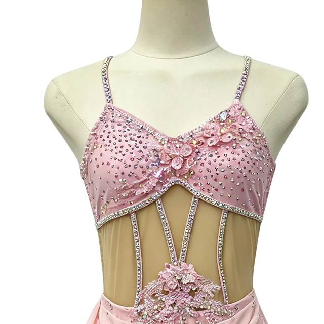 Pink Lyrical Dance Costume Halter Contemporary Rhinestone Stage Dress|G126