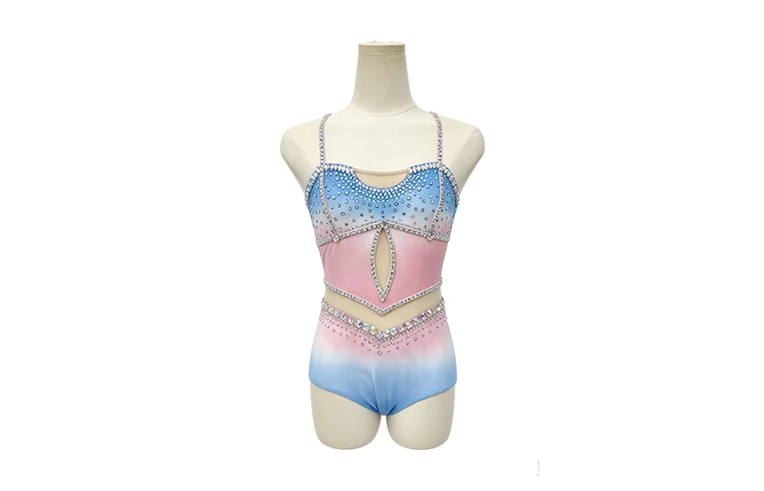 Pink Blue Color-block Design Rhinestone Backless Lyrical Dance Costume|G129