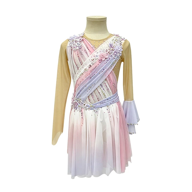 Pink Lyrical Color-blocked Design Rhinestone Gymnastics Leotard|G123