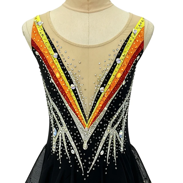 Black Yellow Color-blocked Design Rhinestone Gymnastics Sleeveless Costume|G121