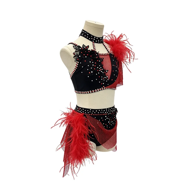 Black&Red 2 Pieces Feather Decoration Lyrical Stage Jazz Costume|G115