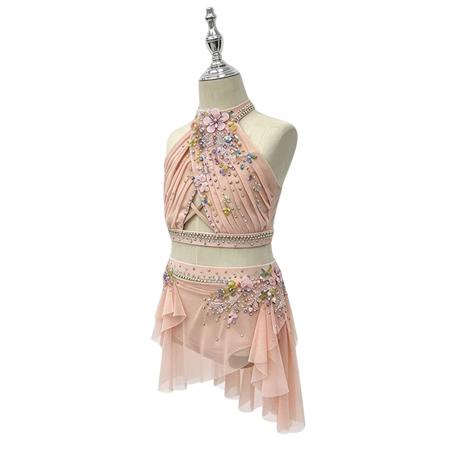 Pink Rhinestone Halter-back Design 2 Pieces Flower Lyrical Costume|G114