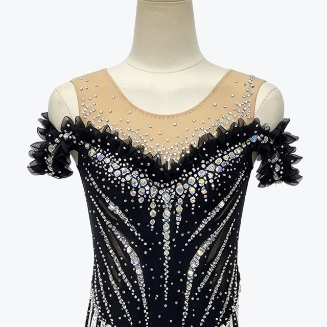 Black Rhinestone Fringe Rhythmic Gymnastics Leotard|BLC2448