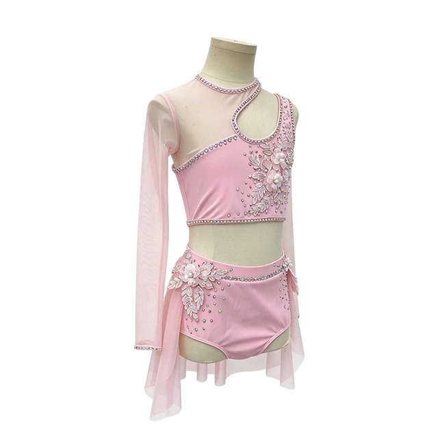 Pink Rhinestone Asymmetrical 2 pieces Lyrical Dance Costume|G132