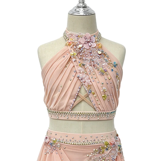Pink Rhinestone Halter-back Design 2 Pieces Flower Lyrical Costume|G114