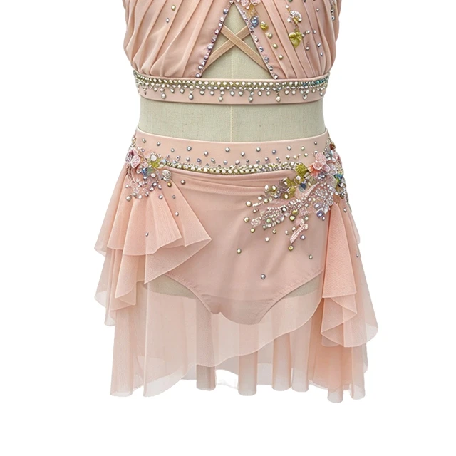 Pink Rhinestone Halter-back Design 2 Pieces Flower Lyrical Costume|G114