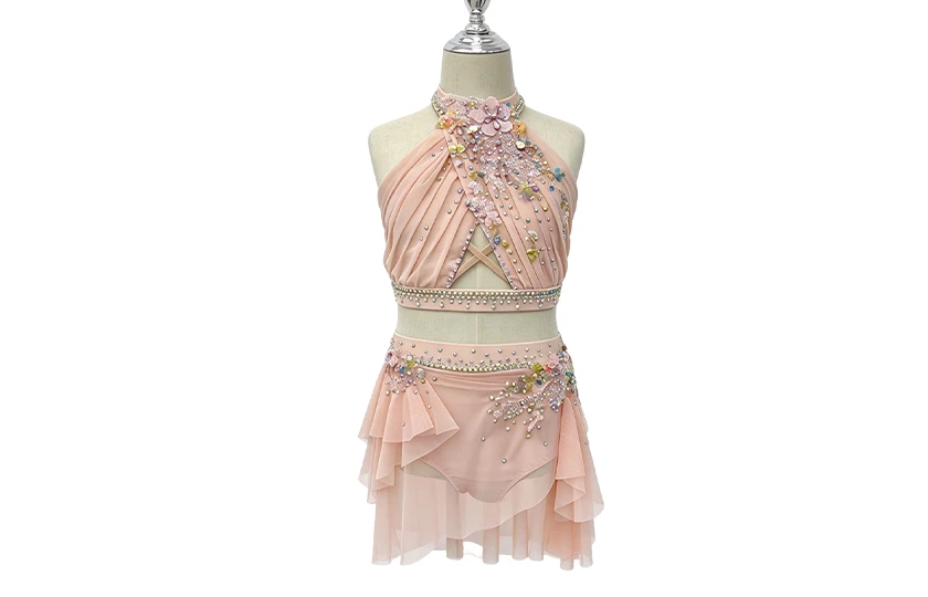 Pink Rhinestone Halter-back Design 2 Pieces Flower Lyrical Costume|G114