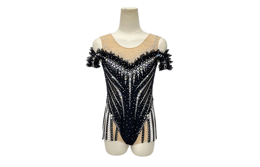 Black Rhinestone Fringe Rhythmic Gymnastics Leotard|BLC2448