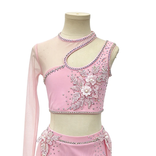 Pink Rhinestone Asymmetrical 2 pieces Lyrical Dance Costume|G132