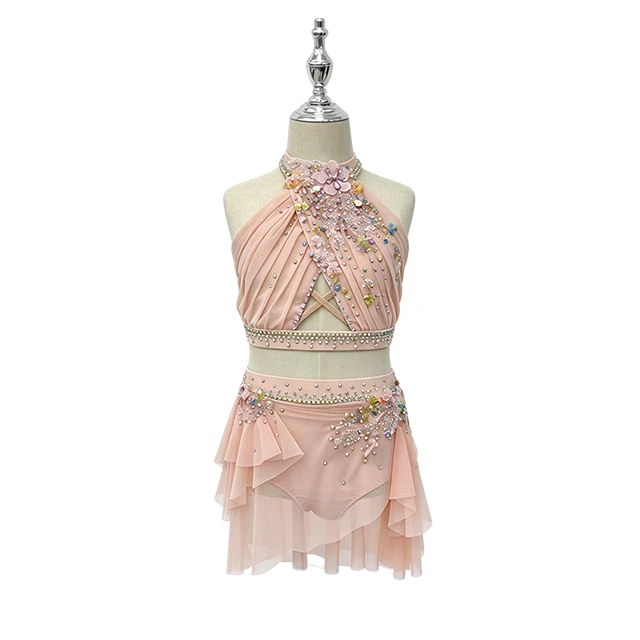 Pink Rhinestone Halter-back Design 2 Pieces Flower Lyrical Costume|G114