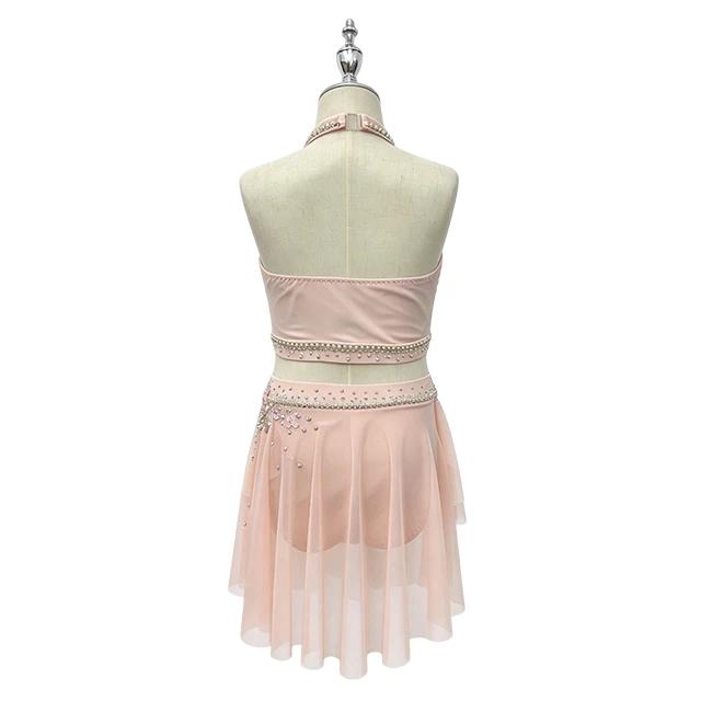 Pink Rhinestone Halter-back Design 2 Pieces Flower Lyrical Costume|G114