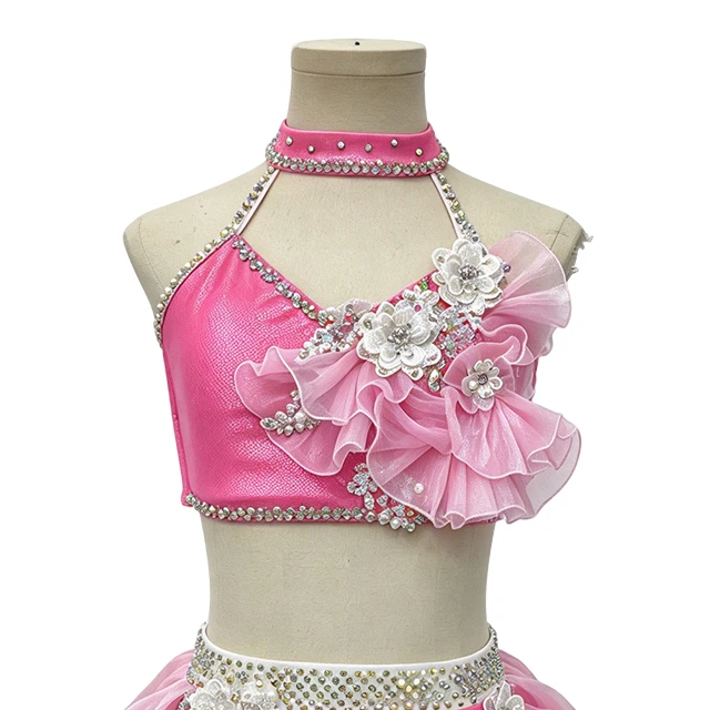 Pink Rhinestone 2 Pieces Flower Lyrical Dance Costume|G118