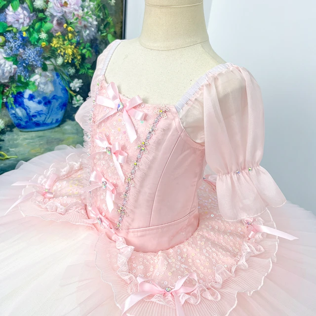 Pink Puff Sleeve Ballet Tutu Dress Bow Rhinestone Professional Girls Ballet Stage Performance Costum