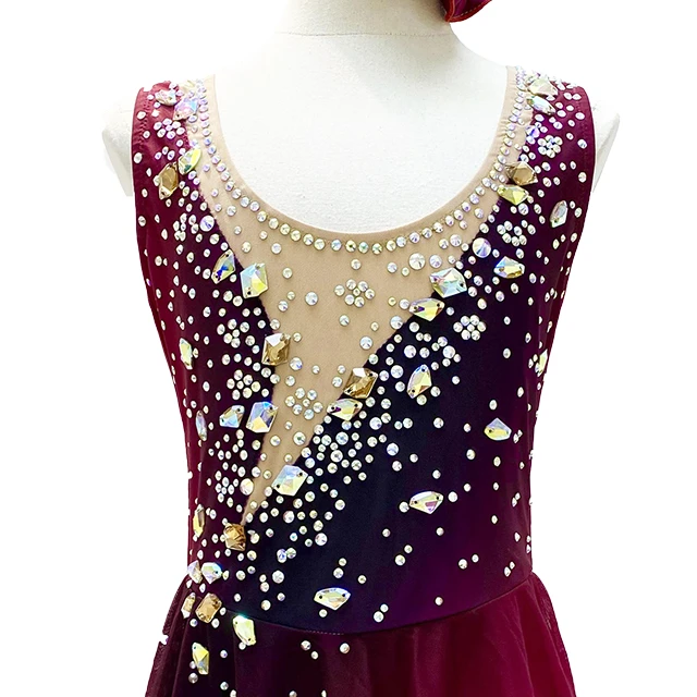 Wine Red Ombre Rhinestone Figure Skating Dress Performance Skating Costume|G24007