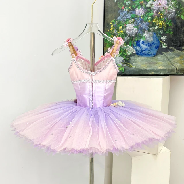 Purple Pink Gradient Ballet Tutu Dress 3D Floral Camisole Professional Girls Ballet Stage Costume|BL