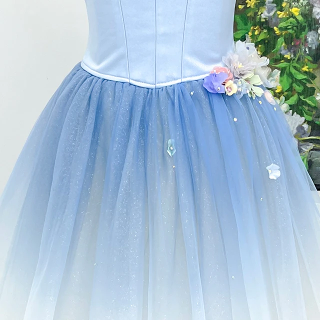 Light Blue Gradient Long Ballet Dress 3D Floral Camisole Romantic Ballet Stage Performance Costume|B