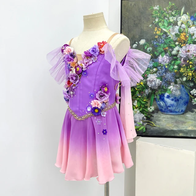 Purple Pink Gradient Ballet Costume 3D Floral Handmade Dance Dress Fairy Stage Performance Dress