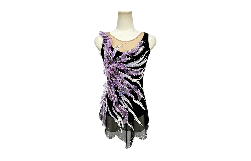 Black Purple Figure Skating Dress 3D Ruffle Rhinestone Sleeveless Competition Ice Skating Costume|BL