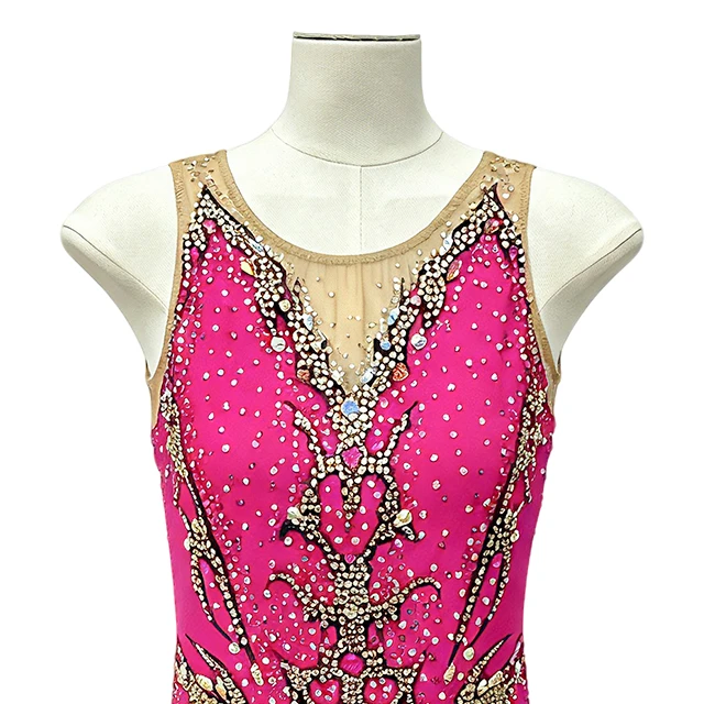 Fuchsia Pink Figure Skating Dress Gold Rhinestone Sleeveless Mesh Neck Ice Skating Competition Costu