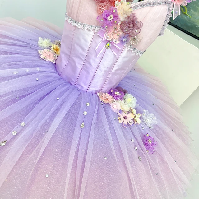 Purple Pink Gradient Ballet Tutu Dress 3D Floral Camisole Professional Girls Ballet Stage Costume|BL