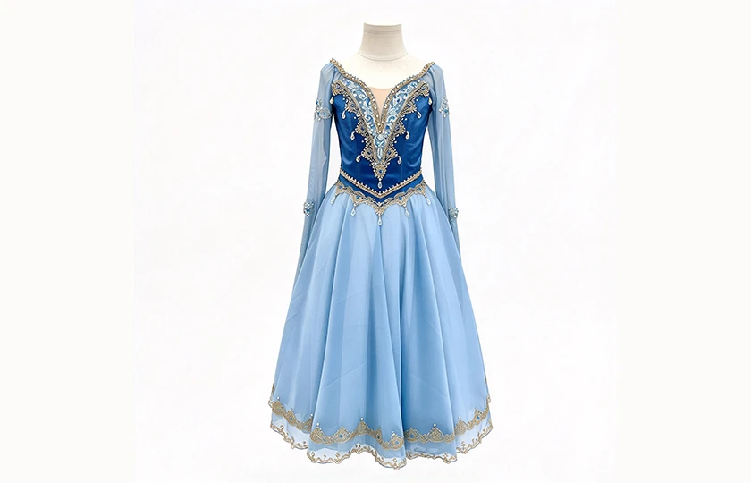 Blue Long Sleeve Romantic Ballet Dress Gold Lace Rhinestone Professional Ballet Stage Performance Co