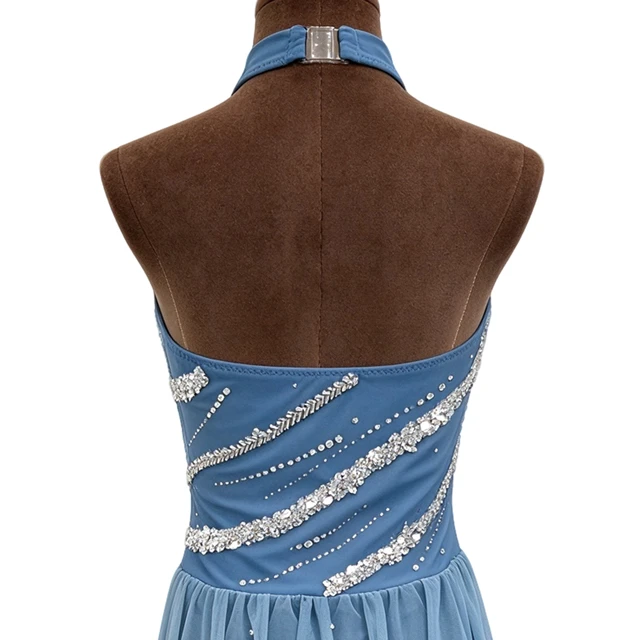 Teal Blue Lyrical Dance Dress Halter Neck Rhinestone Contemporary Dance Competition Costume|BLG0058