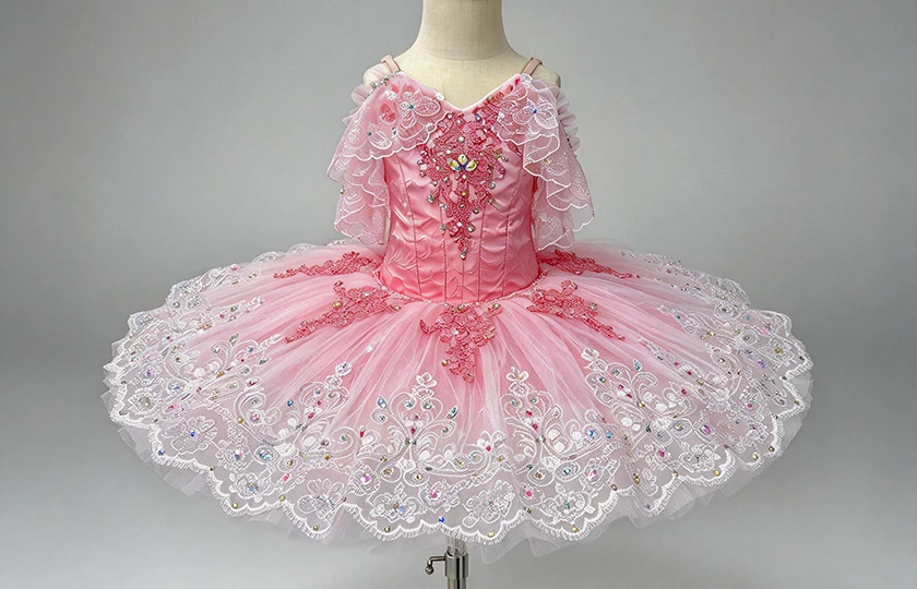 Pink Classical Ballet Tutu Dress Off Shoulder Lace Rhinestone Professional Ballet Competition Stage