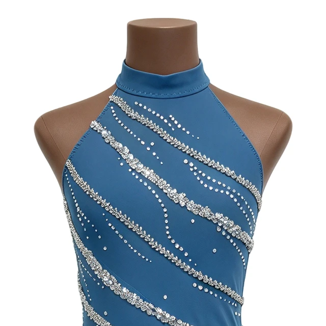 Teal Blue Lyrical Dance Dress Halter Neck Rhinestone Contemporary Dance Competition Costume|BLG0058
