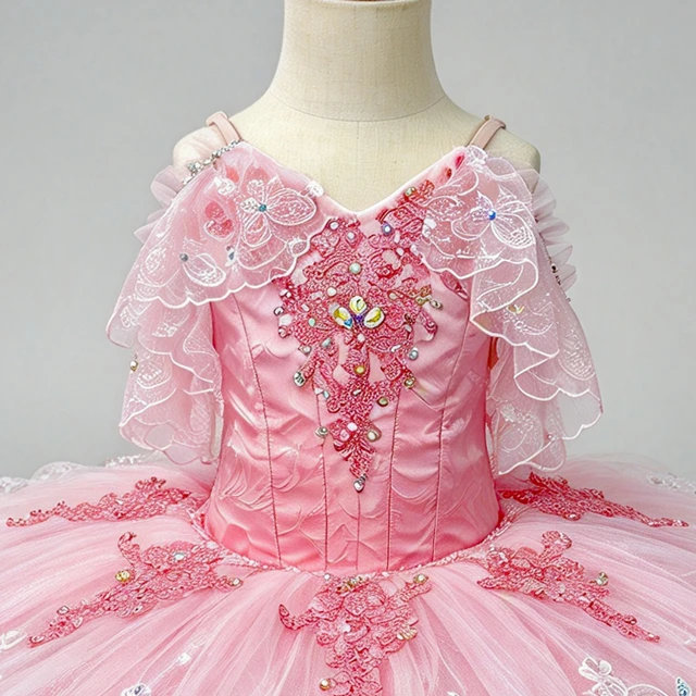 Pink Classical Ballet Tutu Dress Off Shoulder Lace Rhinestone Professional Ballet Competition Stage
