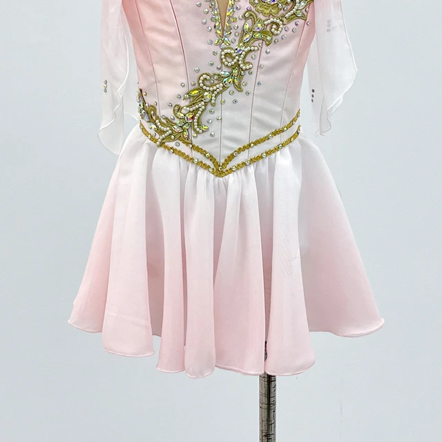 Pink Gradient Cupid Lyrical Dance Dress Bow Strap Gold Applique Rhinestone Contemporary Dance Stage