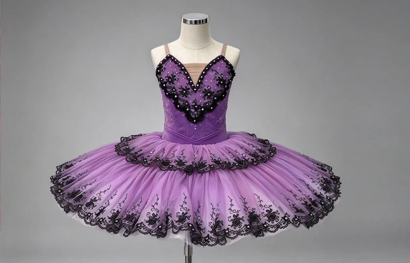 Purple Classical Ballet Tutu Dress Black Lace Rhinestone Professional Ballet Competition Stage Costu