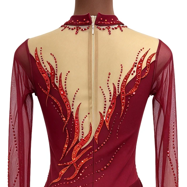 Burgundy Long Sleeve Lyrical Dance Dress Flame Pattern Rhinestone Contemporary Dance Competition Cos