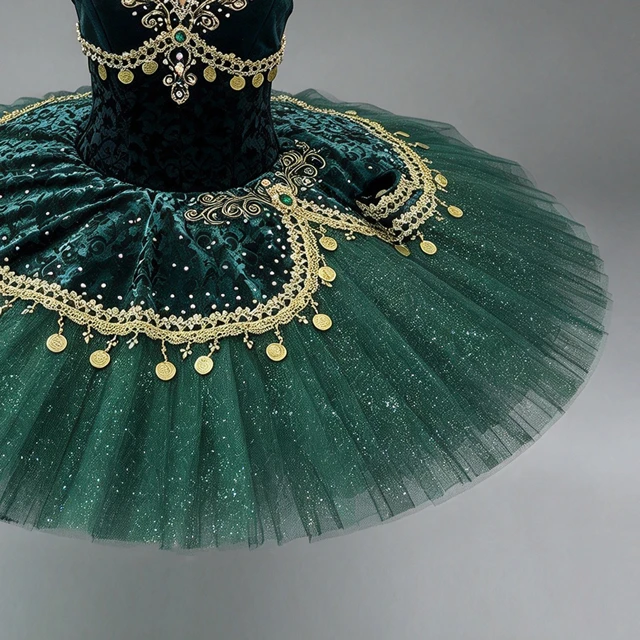 Dark Green Professional Ballet Tutu Dress Gold Coin Rhinestone Classical Ballet Stage Performance Co