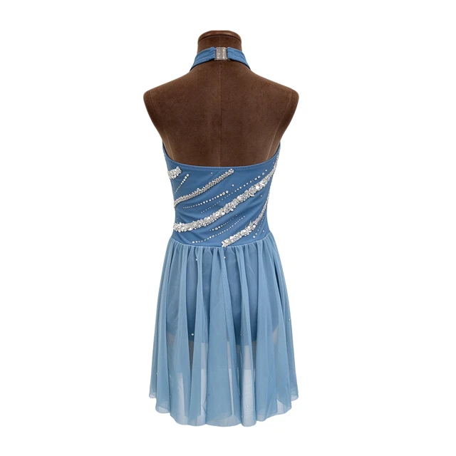 Teal Blue Lyrical Dance Dress Halter Neck Rhinestone Contemporary Dance Competition Costume|BLG0058