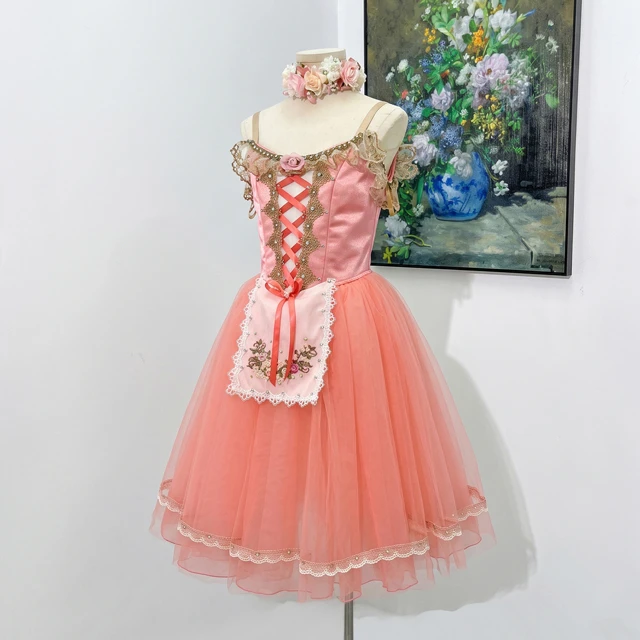 Peach Pink Romantic Ballet Dress Apron Floral Lace Professional Story Ballet Stage Performance Costu