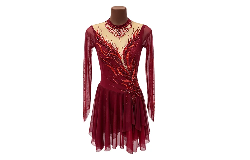 Burgundy Long Sleeve Lyrical Dance Dress Flame Pattern Rhinestone Contemporary Dance Competition Cos