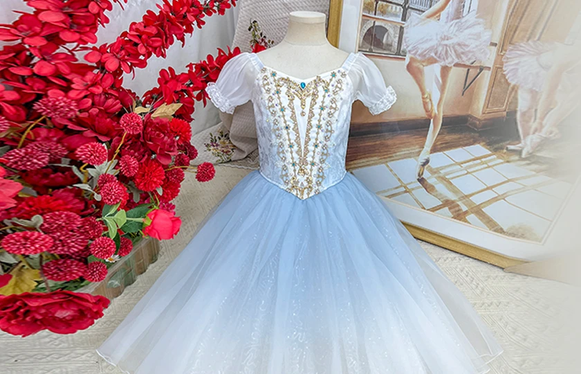 Princess Style Romantic Ballet Costume Square Neck Puff Sleeve Gradient Tulle Ballet Performance Dre