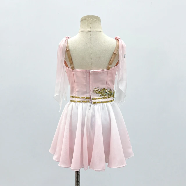 Pink Gradient Cupid Lyrical Dance Dress Bow Strap Gold Applique Rhinestone Contemporary Dance Stage