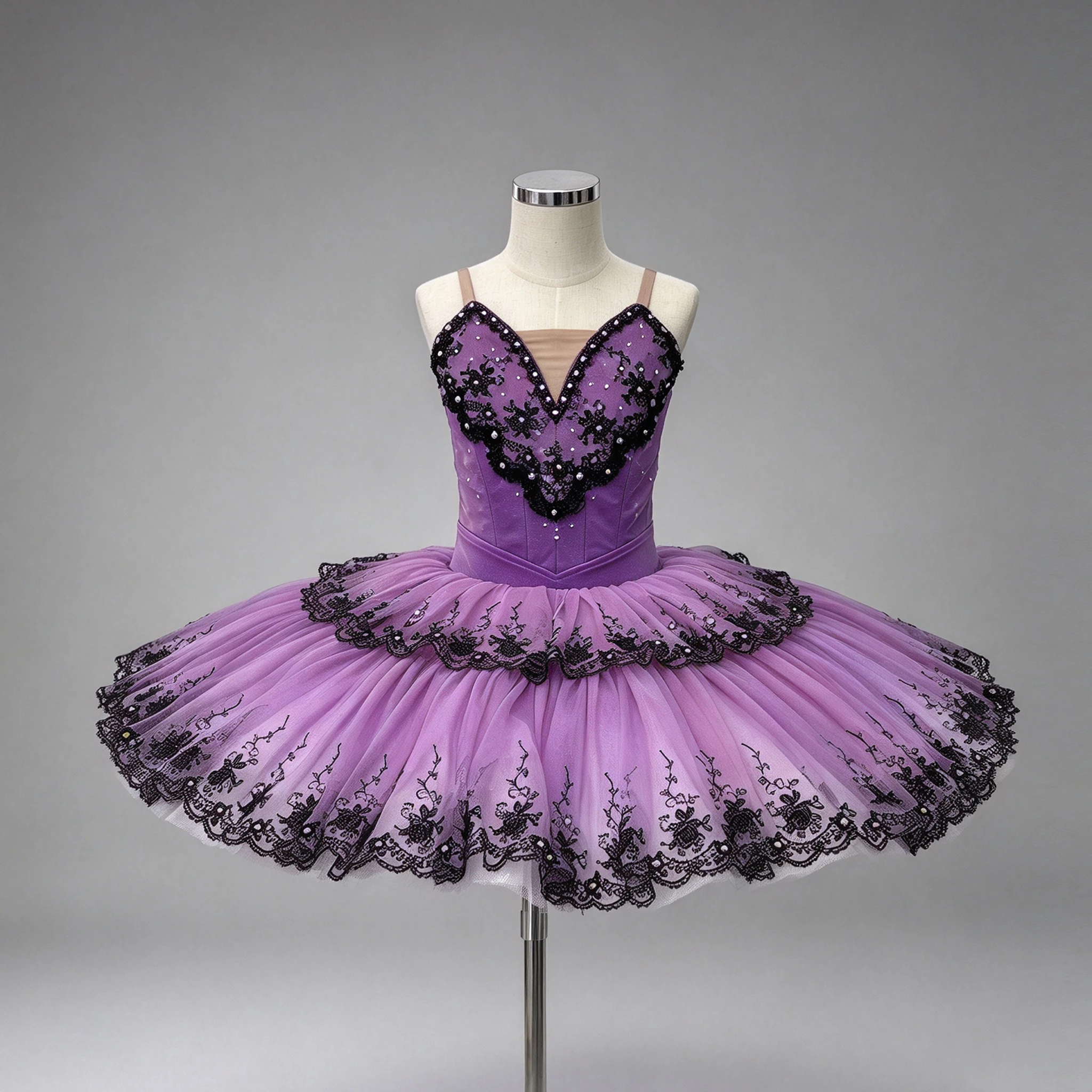 Purple Classical Ballet Tutu Dress Black Lace Rhinestone Professional Ballet Competition Stage Costu