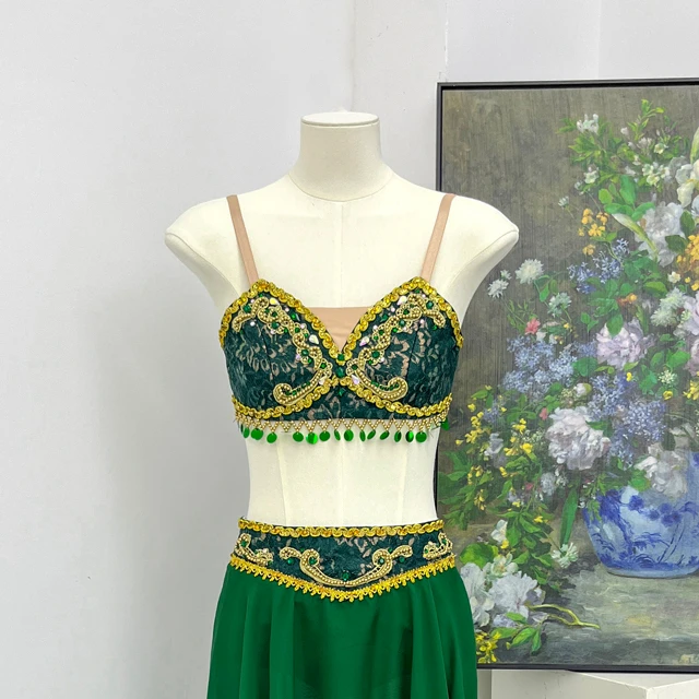 Green Two-Piece Oriental Belly Dance Costume Gold Lace Beaded Asymmetrical Chiffon Skirt Stage Perfo