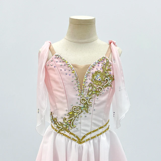 Pink Gradient Cupid Lyrical Dance Dress Bow Strap Gold Applique Rhinestone Contemporary Dance Stage